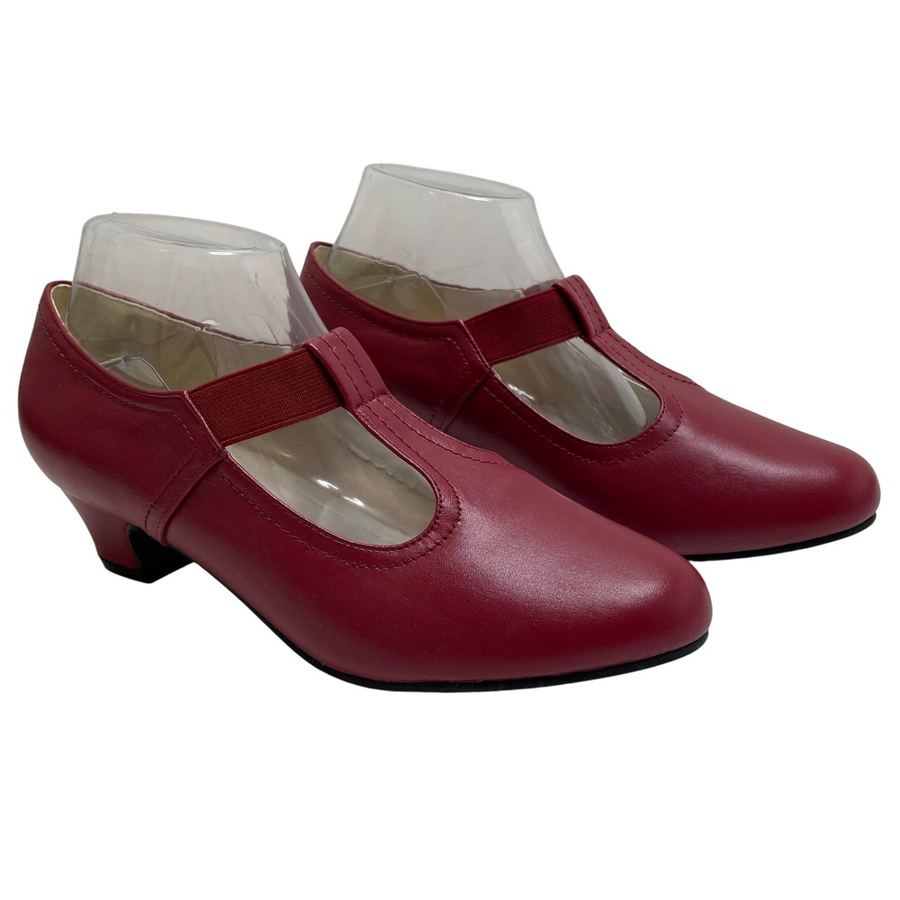 Angel Step Red T-Strap Mary Jane Low Block Heel Pump Round Toe 8.5M Retro Granny